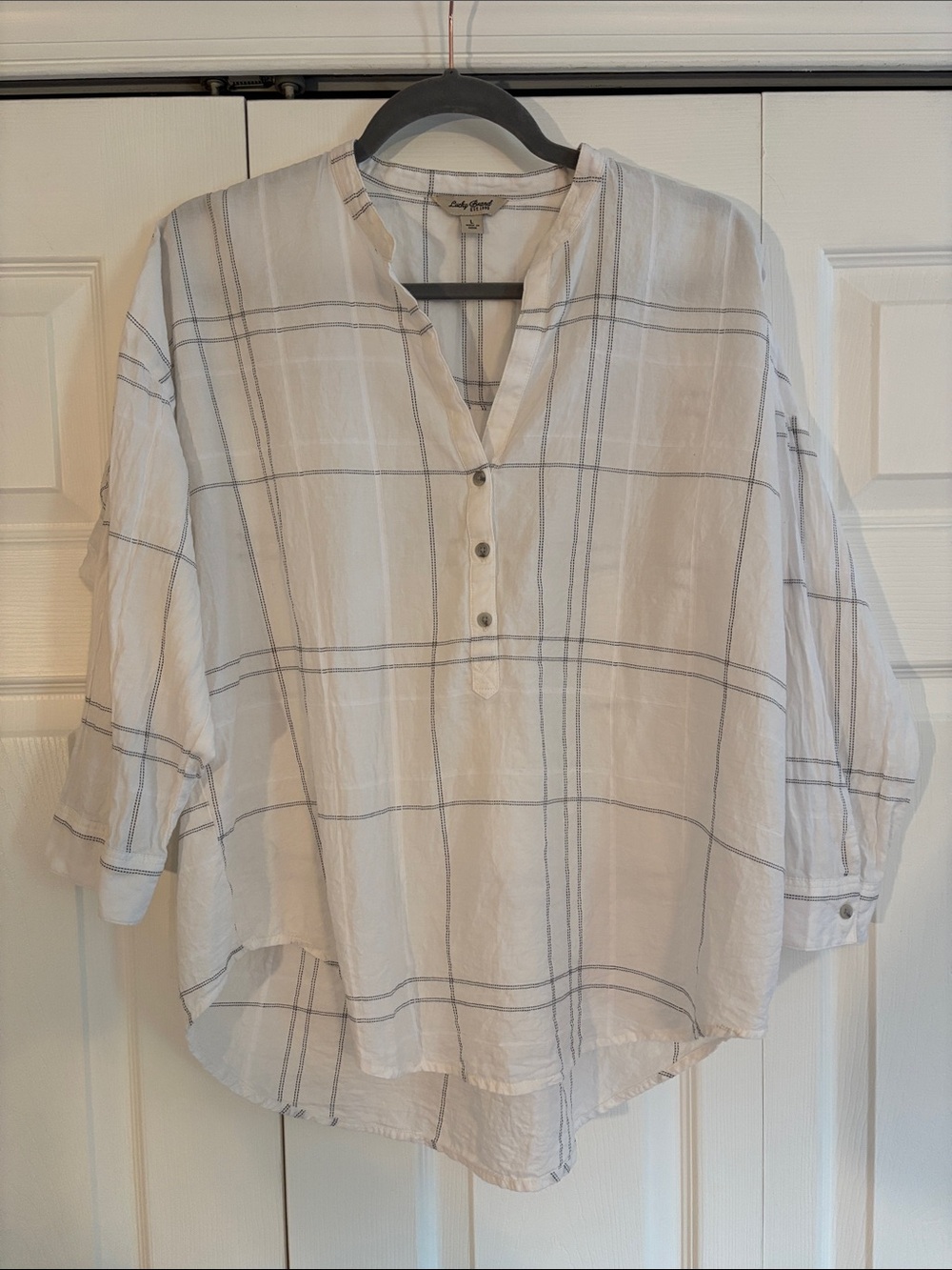 Lucky Brand White Plaid Three-Button Henley Blouse